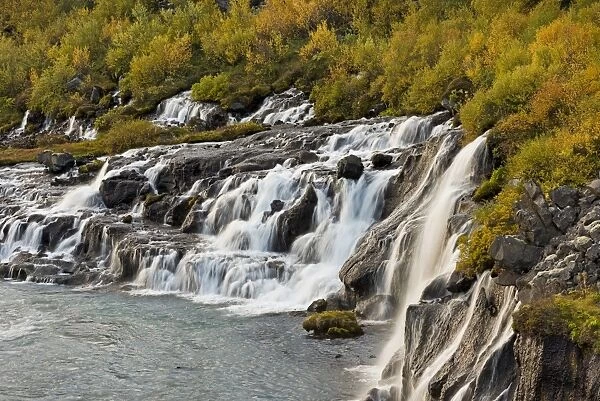 Hraunfossar, waterfalls of the Hvita river in autumn, near Husafell and Reykholt, Iceland