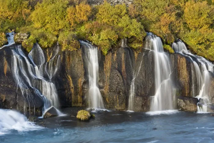 Framed Print : Hraunfossar, waterfalls of the Hvita river in autumn, near Husafell and Reykholt, Iceland Framed Print : Hraunfossar, waterfalls of the Hvita river in autumn, near Husafell and Reykholt, Iceland