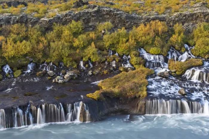 Framed Print : Hraunfossar, waterfalls of the Hvita river in autumn, near Husafell and Reykholt, Iceland Framed Print : Hraunfossar, waterfalls of the Hvita river in autumn, near Husafell and Reykholt, Iceland