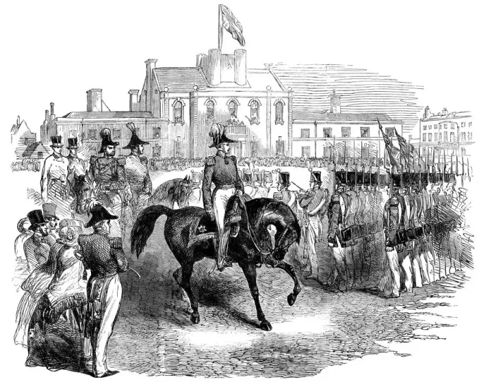 Framed Print : HRH Prince Albert inspects the Artillery Company (engraved illustration) Framed Print : HRH Prince Albert inspects the Artillery Company (engraved illustration)