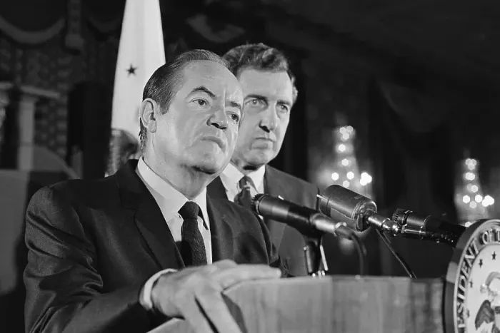 Framed Print : Hubert Humphrey and Edmund Muskie at News Conference Podium Framed Print : Hubert Humphrey and Edmund Muskie at News Conference Podium
