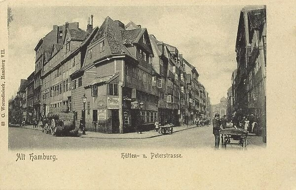 Huettenstrasse and Peterstrasse, Hamburg, Germany, postcard with text, view around ca 1910, historical, digital reproduction of a historical postcard, public domain, from that time, exact date unknown