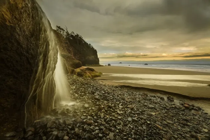 Framed Print : Hug Point Falls flows onto beach, Hug Point State Park, Oregon, USA