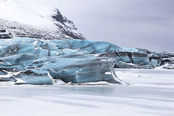 Huge chunks of ice pushed into frozen lagoon, Skaftafelljokull Glacier, Skaftafell National Park, Southwest Iceland, Iceland