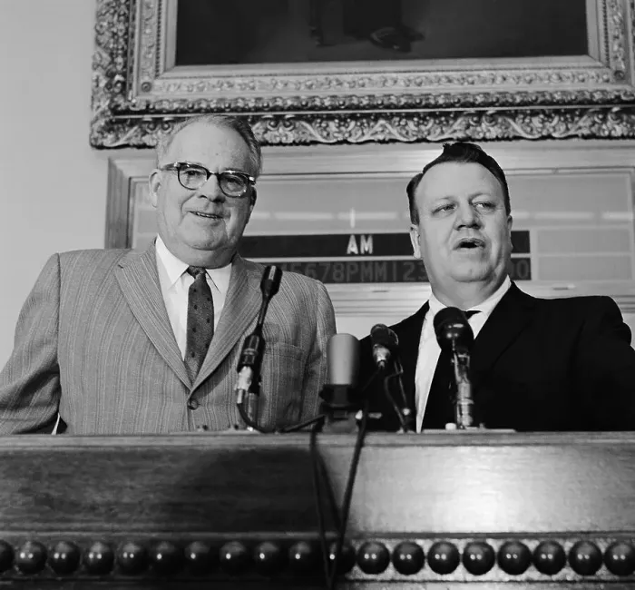 Framed Print : Hugh Burns and Jesse Unruh During News Conference Framed Print : Hugh Burns and Jesse Unruh During News Conference