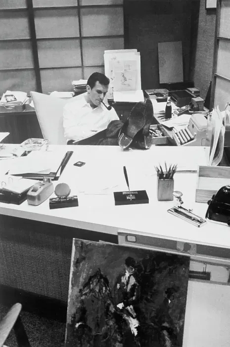 Framed Print : Hugh Hefner at Work in His Office