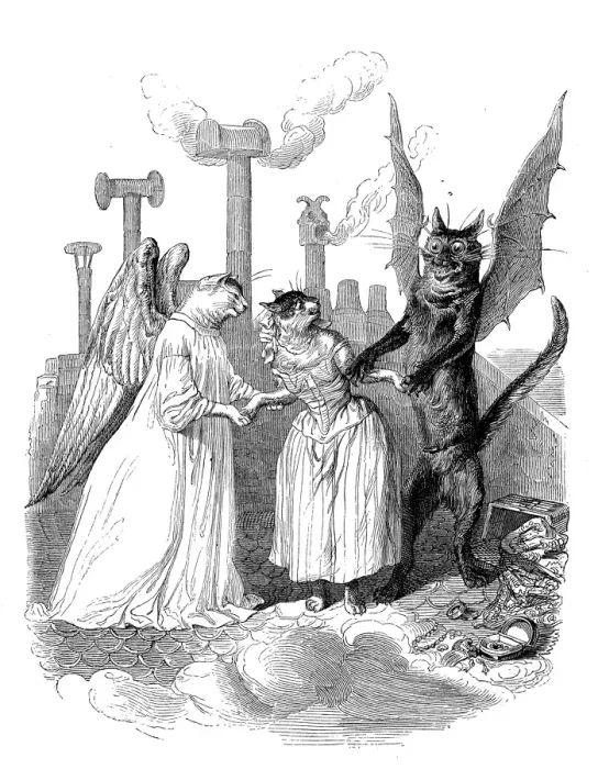 Framed Print : Humanized animals illustrations: Angel and devil cat Framed Print : Humanized animals illustrations: Angel and devil cat
