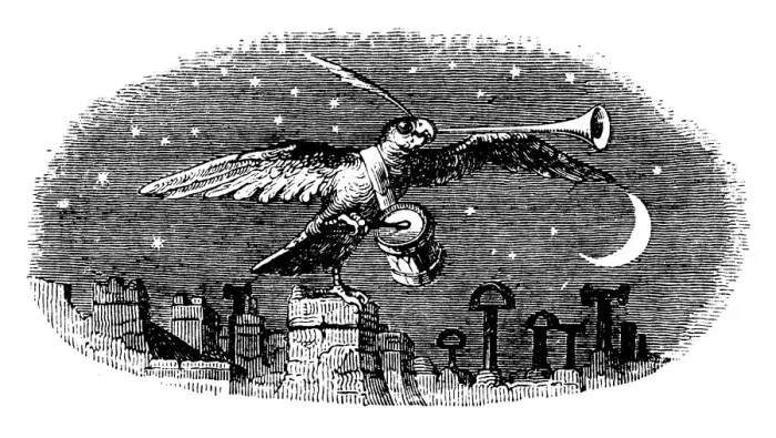 Framed Print : Humanized animals illustrations: Bird on chimney Framed Print : Humanized animals illustrations: Bird on chimney