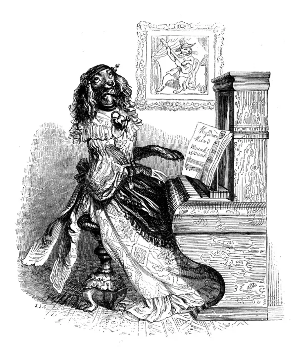 Framed Print : Humanized animals illustrations: Dog playing piano Framed Print : Humanized animals illustrations: Dog playing piano
