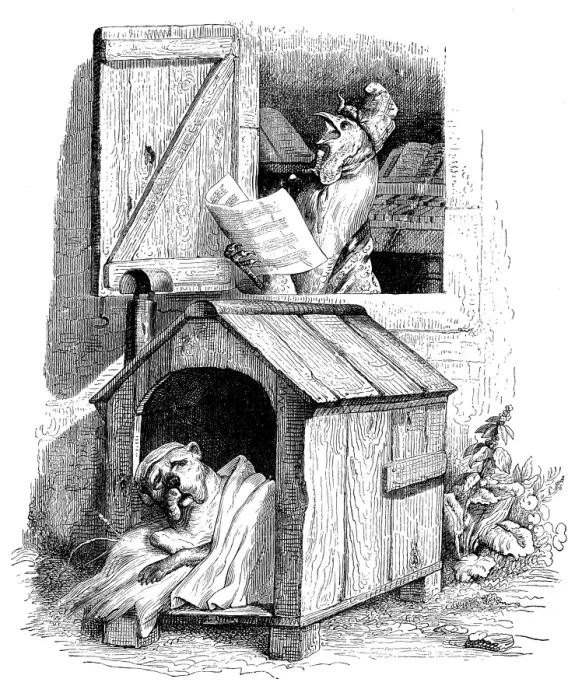 Framed Print : Humanized animals illustrations: Dog woke up by rooster Framed Print : Humanized animals illustrations: Dog woke up by rooster