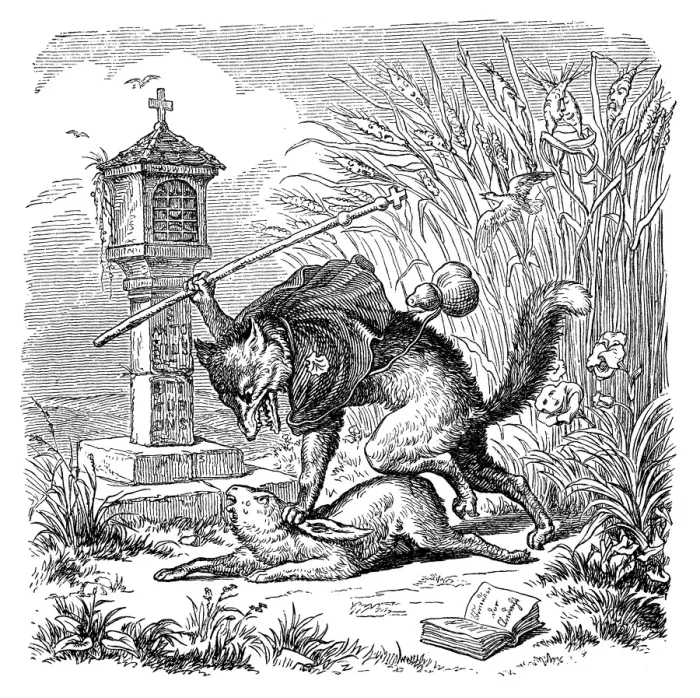 Framed Print : Humanized animals illustrations: Fox beating hare Framed Print : Humanized animals illustrations: Fox beating hare