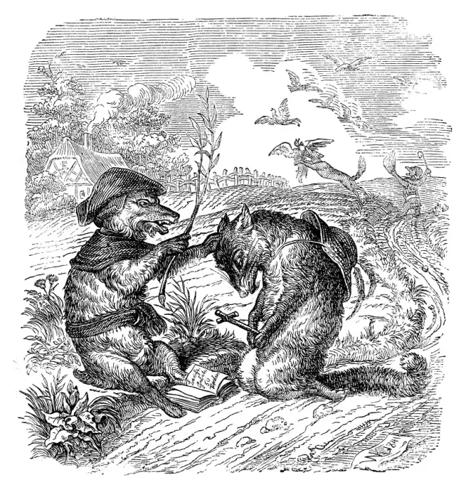 Framed Print : Humanized animals illustrations: Fox confessing Framed Print : Humanized animals illustrations: Fox confessing