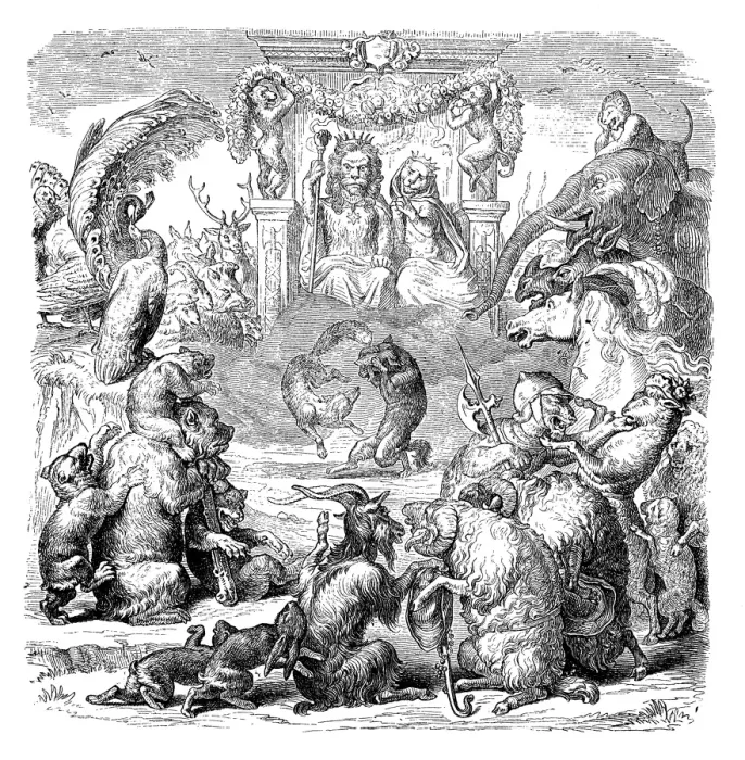 Framed Print : Humanized animals illustrations: Group with lion king