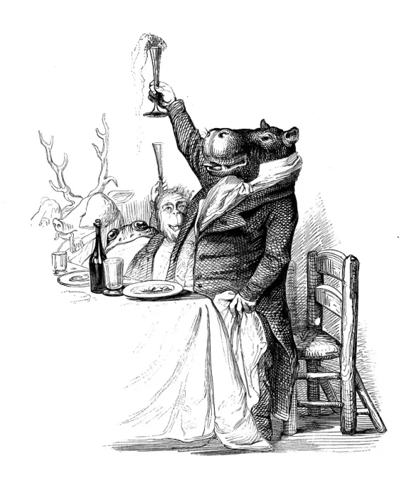 Framed Print : Humanized animals illustrations: Hippo toasting Framed Print : Humanized animals illustrations: Hippo toasting