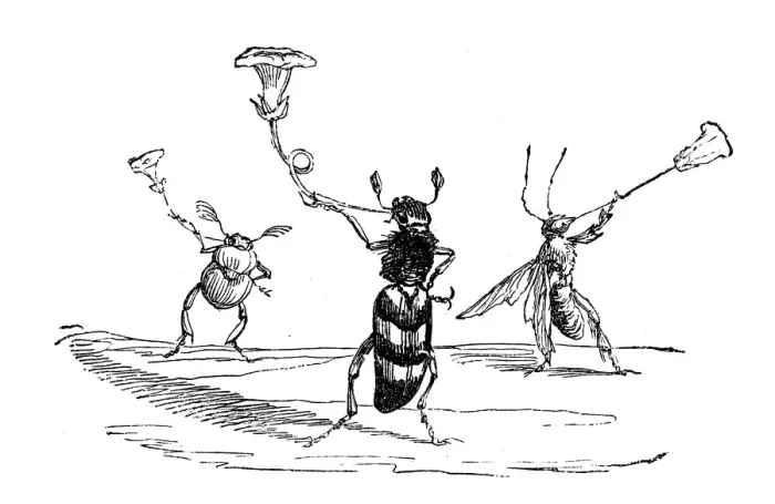 Framed Print : Humanized animals illustrations: Insects with trumpet flowers