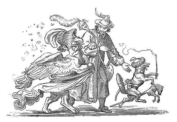 Humanized animals illustrations: Man with bird and fox