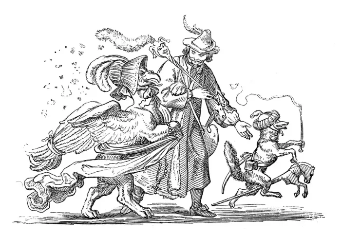 Framed Print : Humanized animals illustrations: Man with bird and fox Framed Print : Humanized animals illustrations: Man with bird and fox