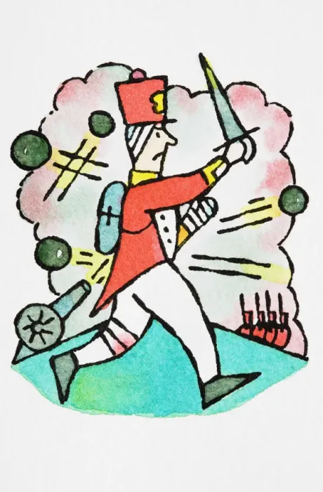 Framed Print : Humorous depiction of Redcoat Soldier rushing into battle holding sword Framed Print : Humorous depiction of Redcoat Soldier rushing into battle holding sword