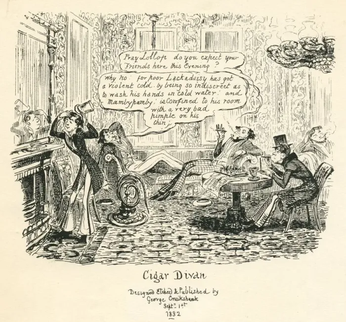 Framed Print : Humour hypochondria and foppish drawing room manners cartoon by Cruikshank Framed Print : Humour hypochondria and foppish drawing room manners cartoon by Cruikshank