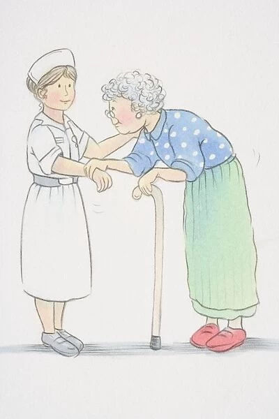 Hunched elderly woman leaning on a walking stick and holding on to wrist of smiling nurse, side view