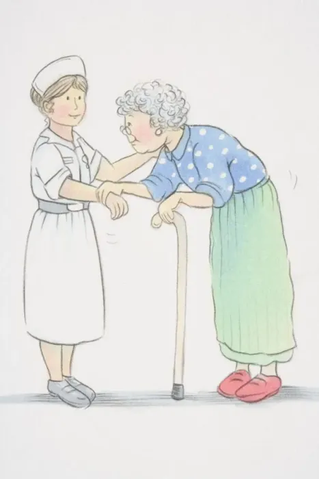 Framed Print : Hunched elderly woman leaning on a walking stick and holding on to wrist of smiling nurse, side view Framed Print : Hunched elderly woman leaning on a walking stick and holding on to wrist of smiling nurse, side view