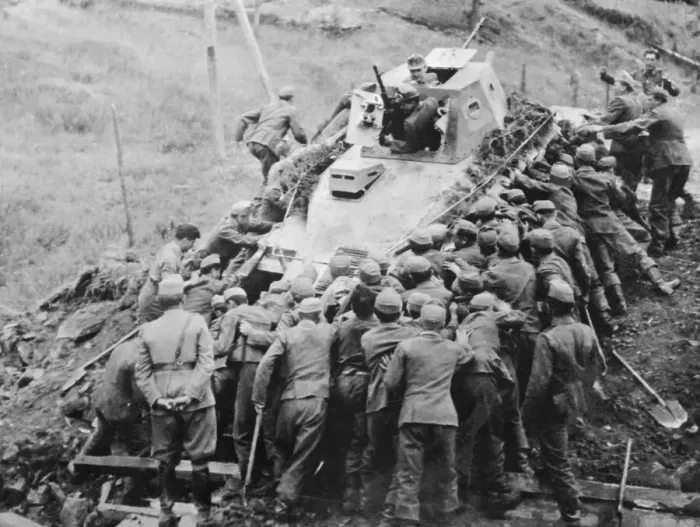 Framed Print : Hungarian Troops Pushing Disabled Tank Framed Print : Hungarian Troops Pushing Disabled Tank