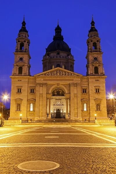 Hungary, Budapest, Saint Stephens Basilica and illuminated square