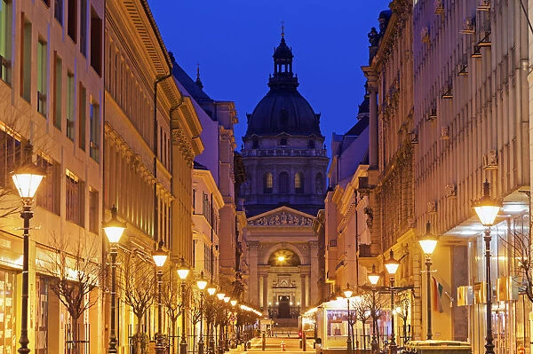 Hungary, Budapest, View along illuminated Zrinyi street