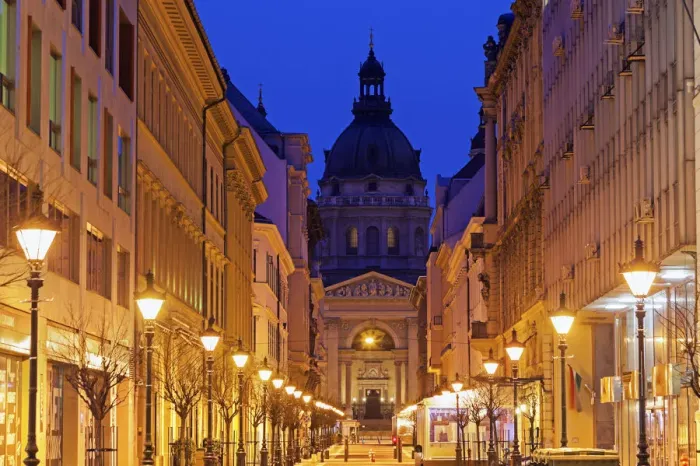 Framed Print : Hungary, Budapest, View along illuminated Zrinyi street