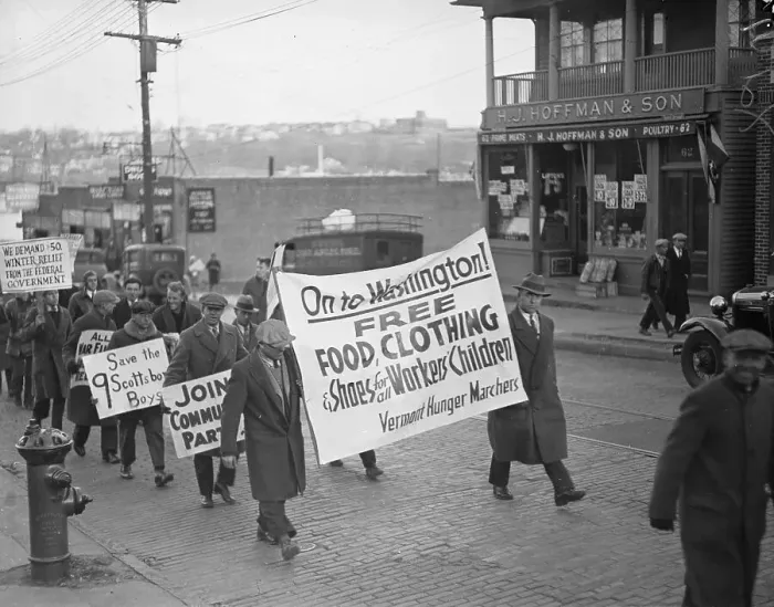 Framed Print : Hunger Marchers on Street with Large Signs Framed Print : Hunger Marchers on Street with Large Signs