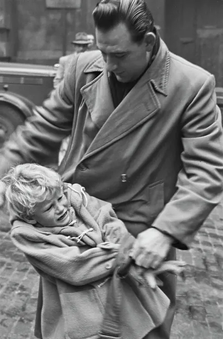 Framed Print : Hunted. Scottish child actor Jon Whiteley is restrained by a man while Framed Print : Hunted. Scottish child actor Jon Whiteley is restrained by a man while