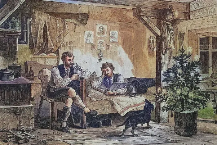 Framed Print : Hunter's Christmas in the high mountains, one man lying on a bed and reading a book, the other sitting on a chair and smoking a pipe, Jaegerzimmer, Austria, around 1885, Historical, digitally restored reproduction from a 19th century original Framed Print : Hunter's Christmas in the high mountains, one man lying on a bed and reading a book, the other sitting on a chair and smoking a pipe, Jaegerzimmer, Austria, around 1885, Historical, digitally restored reproduction from a 19th century original