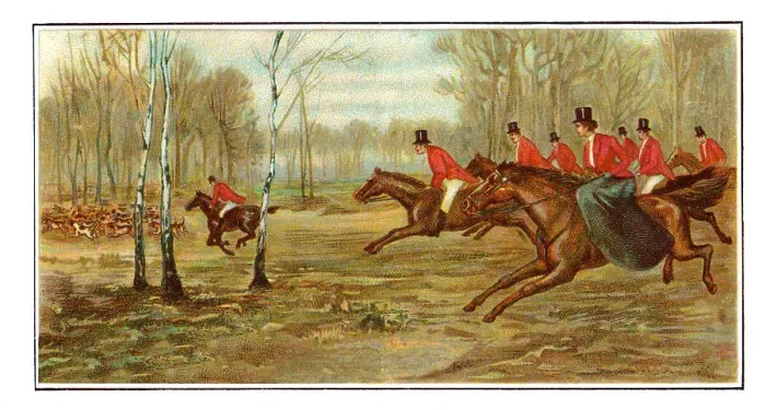 Framed Print : Hunters hunting on horses in forest art nouveau illustration Framed Print : Hunters hunting on horses in forest art nouveau illustration