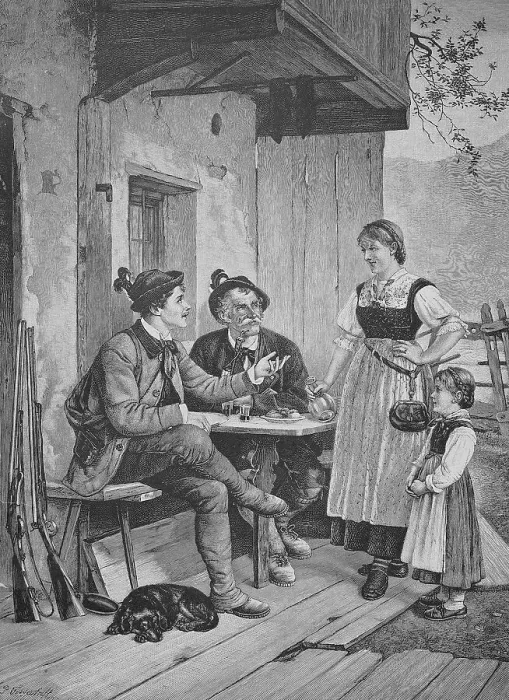 Framed Print : Hunters sitting in front of a farmhouse in the Alps, 1889, Bavaria, Germany, Historical, digital reproduction of an original 19th century painting Framed Print : Hunters sitting in front of a farmhouse in the Alps, 1889, Bavaria, Germany, Historical, digital reproduction of an original 19th century painting