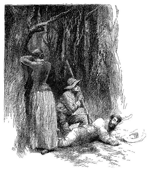 Hunters with woman resting in the forest