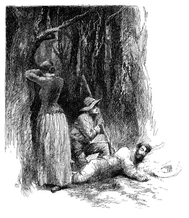 Framed Print : Hunters with woman resting in the forest Framed Print : Hunters with woman resting in the forest