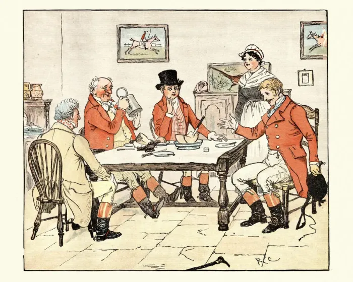 Framed Print : Huntsmen having beer and lunch in a country pub, Victorian