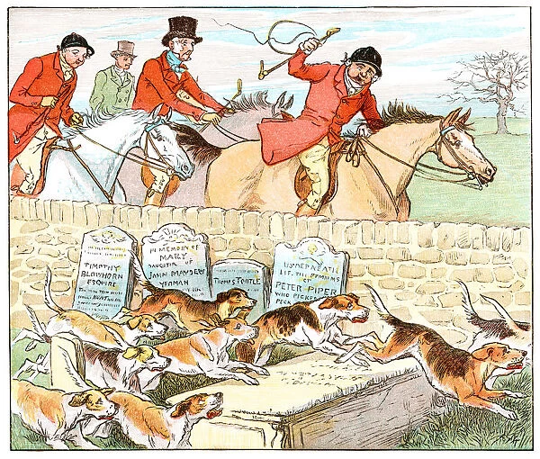 Huntsmen and hounds in a churchyard