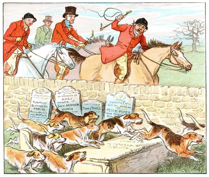 Framed Print : Huntsmen and hounds in a churchyard Framed Print : Huntsmen and hounds in a churchyard