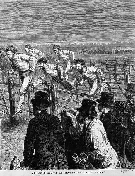 Hurdling. April 1871: Hurdle racing at Brompton
