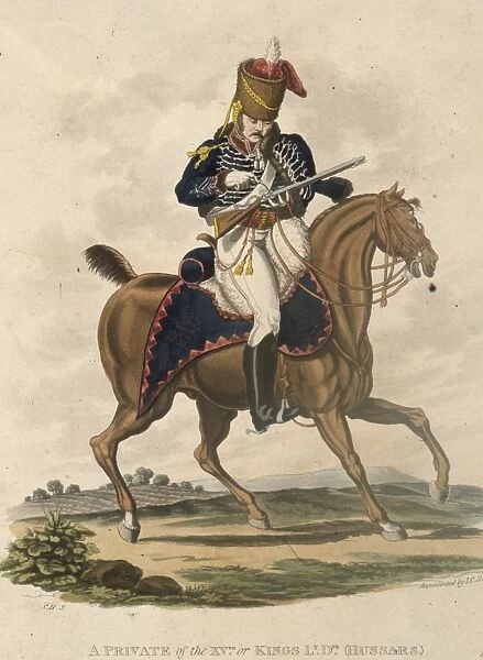 Hussar. circa 1812: A British hussar or private of the XVth or Kings Light Dragoons