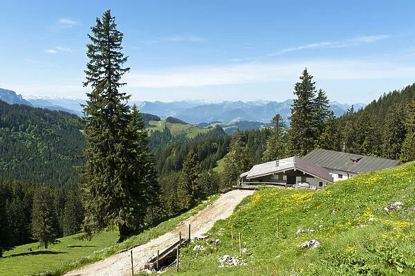 Hut on the Schreck-Alm alpine pasture, Geigelstein Nature Reserve, Aschau im Chiemgau, Upper Bavaria, Bavaria, Germany