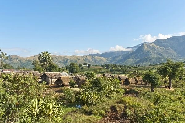 Huts in the village of the Antandroy people, mountainous landscape, near Fort-Dauphin or Tolagnaro, Madagascar