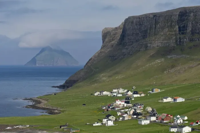 Framed Print : The Hvalba settlement, Hvalbiarfjorour, the uninhabited island of Litla Dimun at the back, Suouroy, Faroe Islands, Denmark