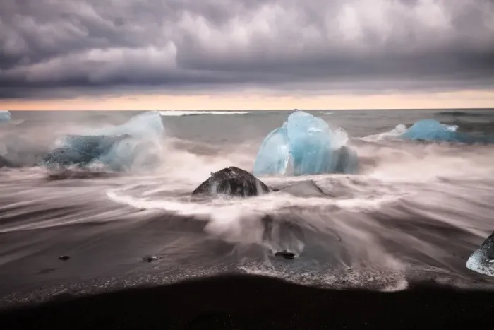 Framed Print : Ice on the black volcanic sand beach in summer in Iceland Framed Print : Ice on the black volcanic sand beach in summer in Iceland