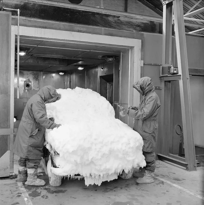 Framed Print : Ice Car. The new 1955 Sunbeam Rapier undergoes tests at the Rootes Group Framed Print : Ice Car. The new 1955 Sunbeam Rapier undergoes tests at the Rootes Group