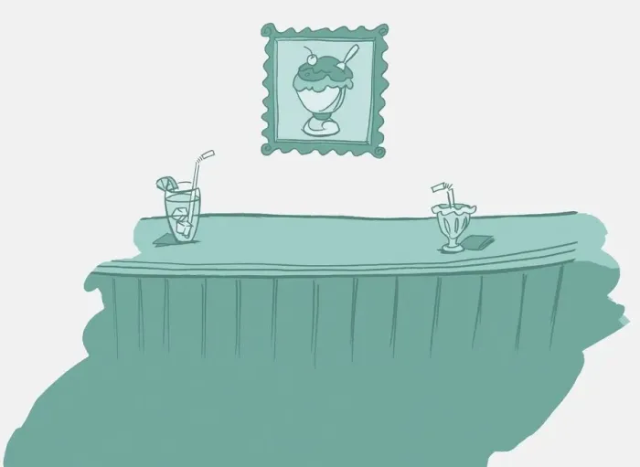 Framed Print : Ice cream bowl and drink on bar counter, framed picture of ice cream on wall behind Framed Print : Ice cream bowl and drink on bar counter, framed picture of ice cream on wall behind