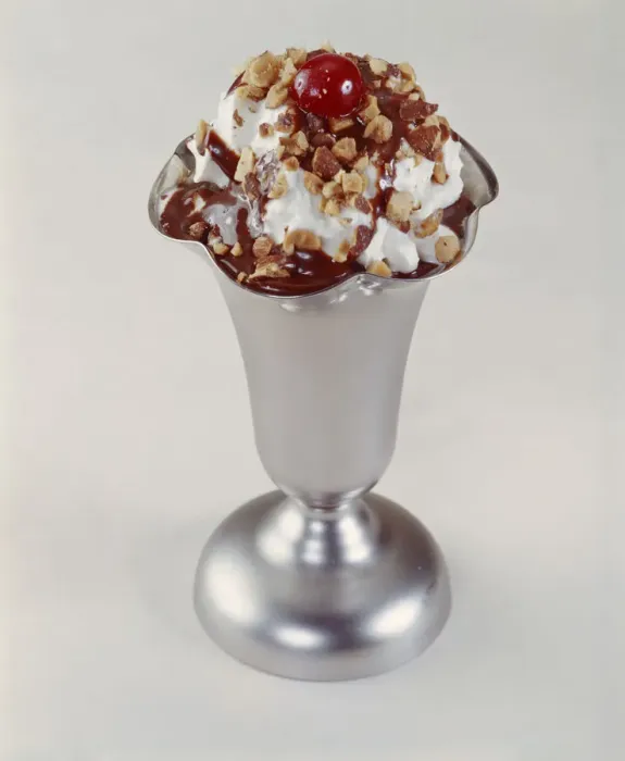 Framed Print : Ice cream sundae on white background, close-up Framed Print : Ice cream sundae on white background, close-up