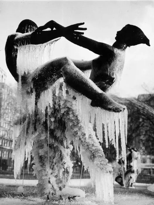Framed Print : Ice Dance. circa 1936: Icicles hang from two dancing figures in a fountain in Hyde Park Framed Print : Ice Dance. circa 1936: Icicles hang from two dancing figures in a fountain in Hyde Park