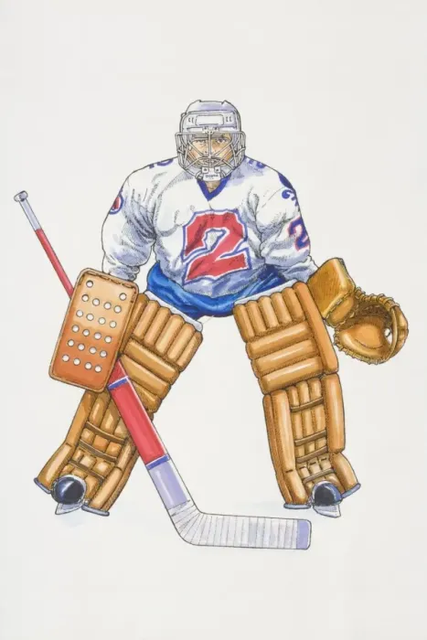 Framed Print : Ice hockey goalkeeper standing poised with legs apart, holding stick, wearing large knee pads, catch gloves and helmet, front view Framed Print : Ice hockey goalkeeper standing poised with legs apart, holding stick, wearing large knee pads, catch gloves and helmet, front view
